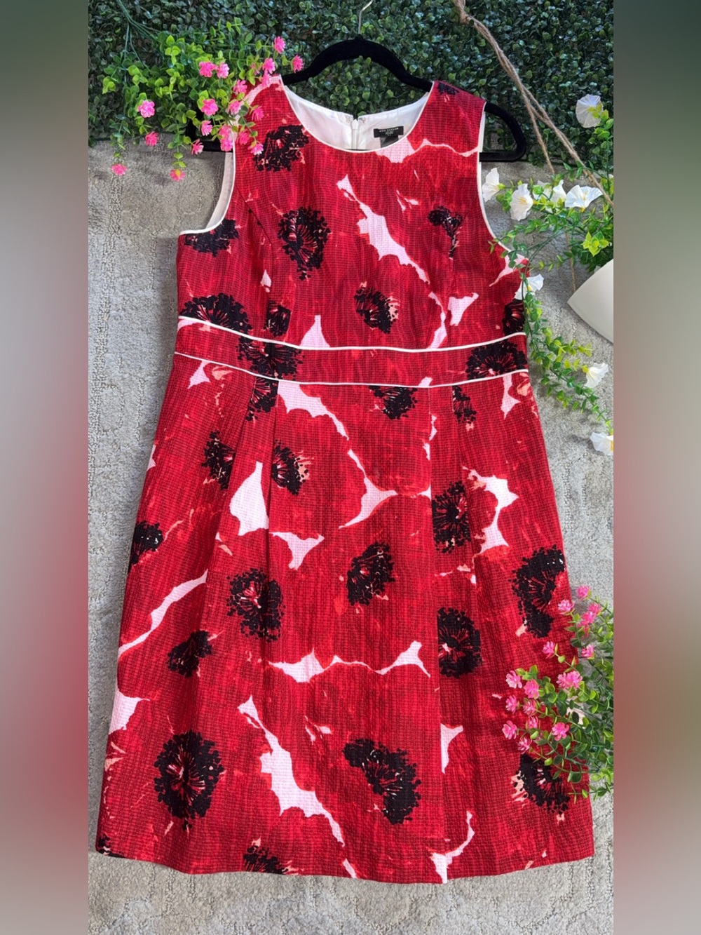 Ann Taylor Red Floral Midi Dress with Black Accents